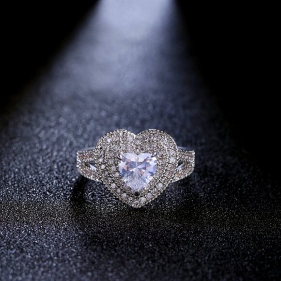 💞 Sweet Large Heart Crystal CZ Luxury Vintage Silver Ring for Women, VIP409 - Picture 4 of 6